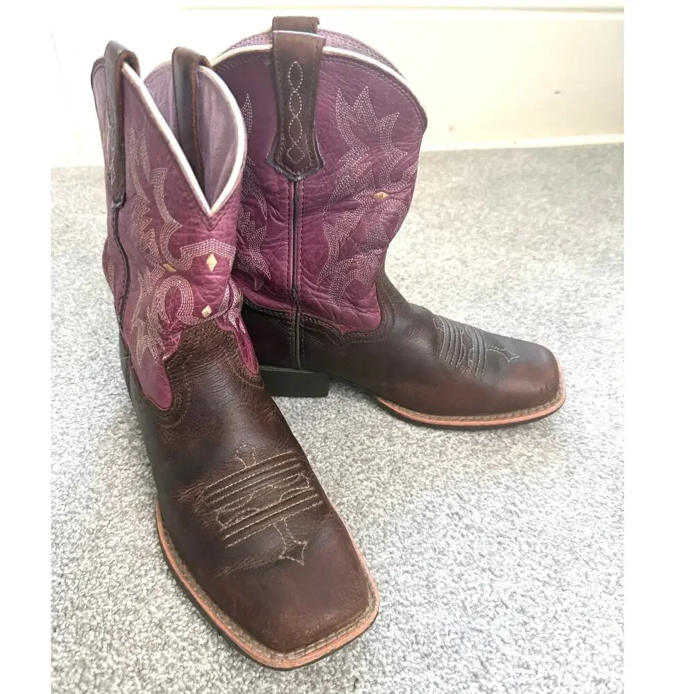 Ariat Girls Tombstone Western Boots - Broad Square Toe - Brown Purple Size 3